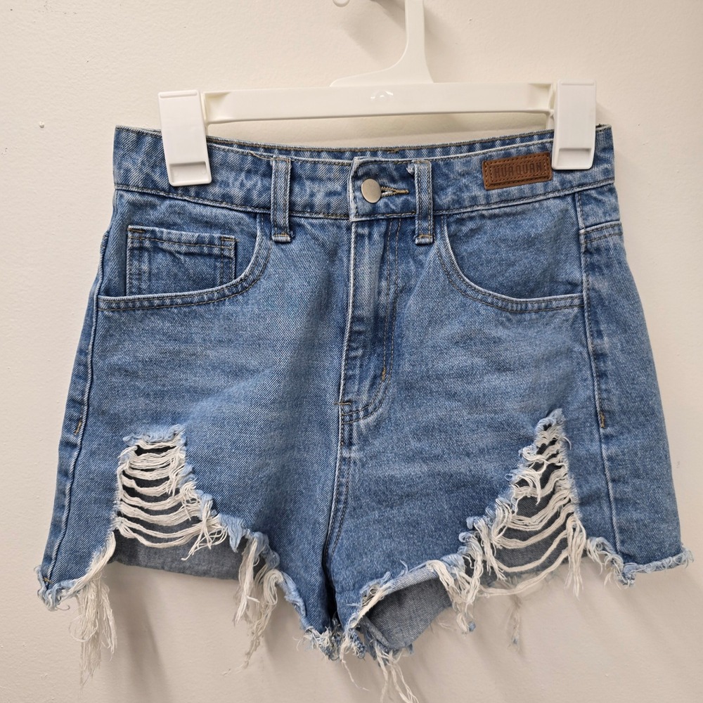 SHEIN Blue Distressed Denim Shorts High Waisted Frayed Hem Size S 4